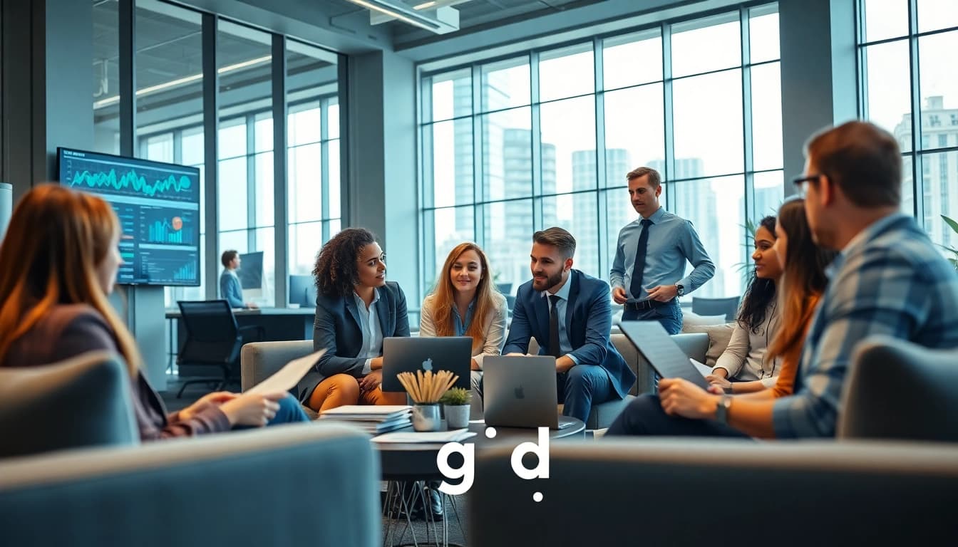 Team dinamico in ufficio che discute strategie aziendali, Scopri di più sulla collaborazione.