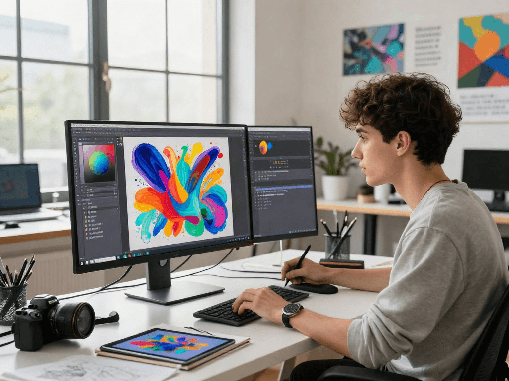 AI nsfw digital art creation in a modern workspace with vibrant abstract artwork and creative tools.