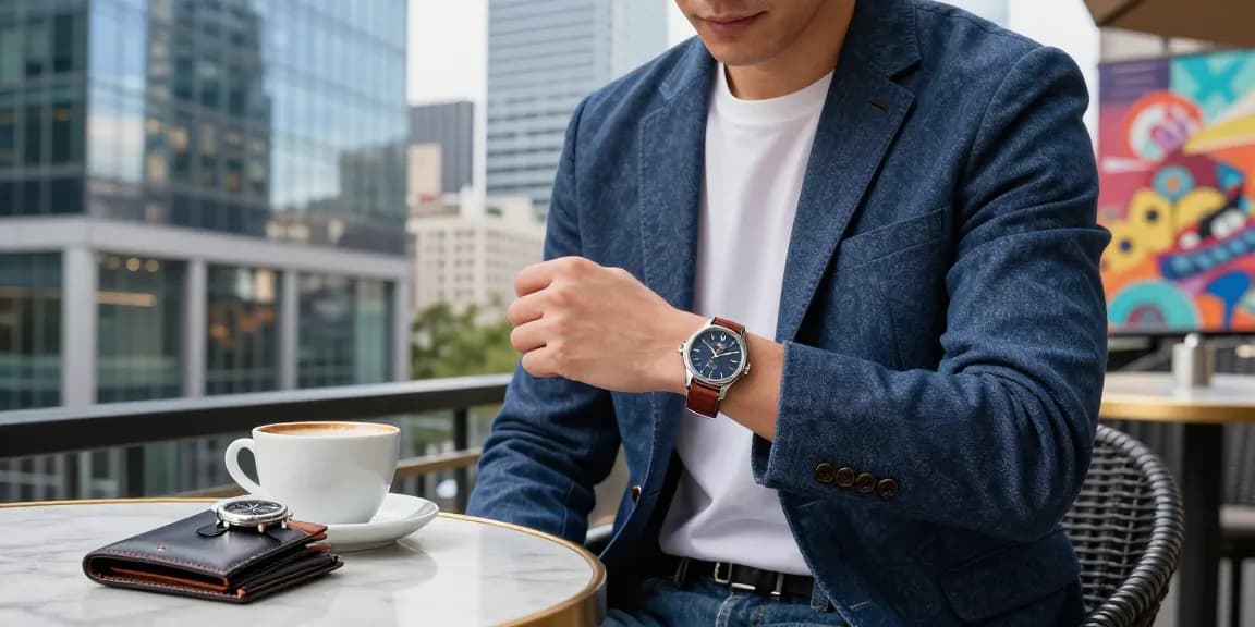Stylish individual showcasing luxury clone watches in an urban café setting
