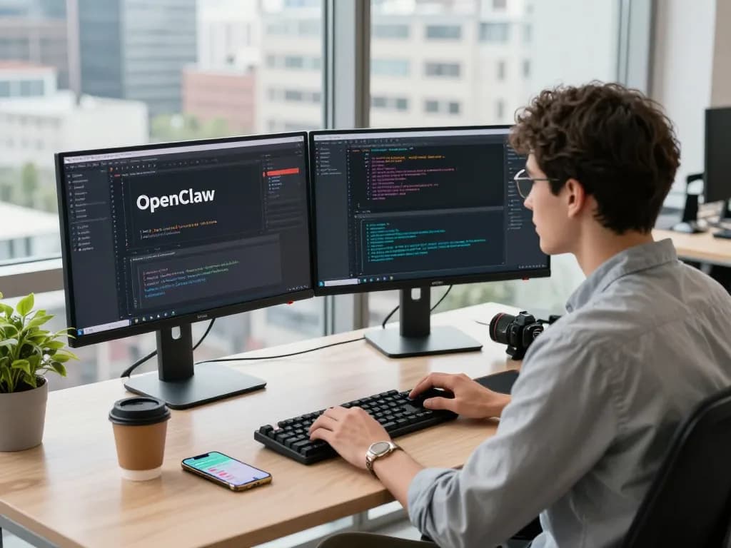Developer configuring OpenClaw AI on dual monitors in a modern office setting, showcasing technology integration.