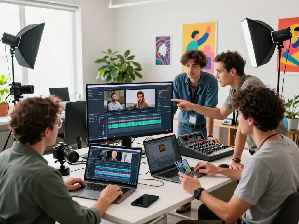 Creators using a video to prompt generator in a dynamic video production studio setting for collaboration and creativity.