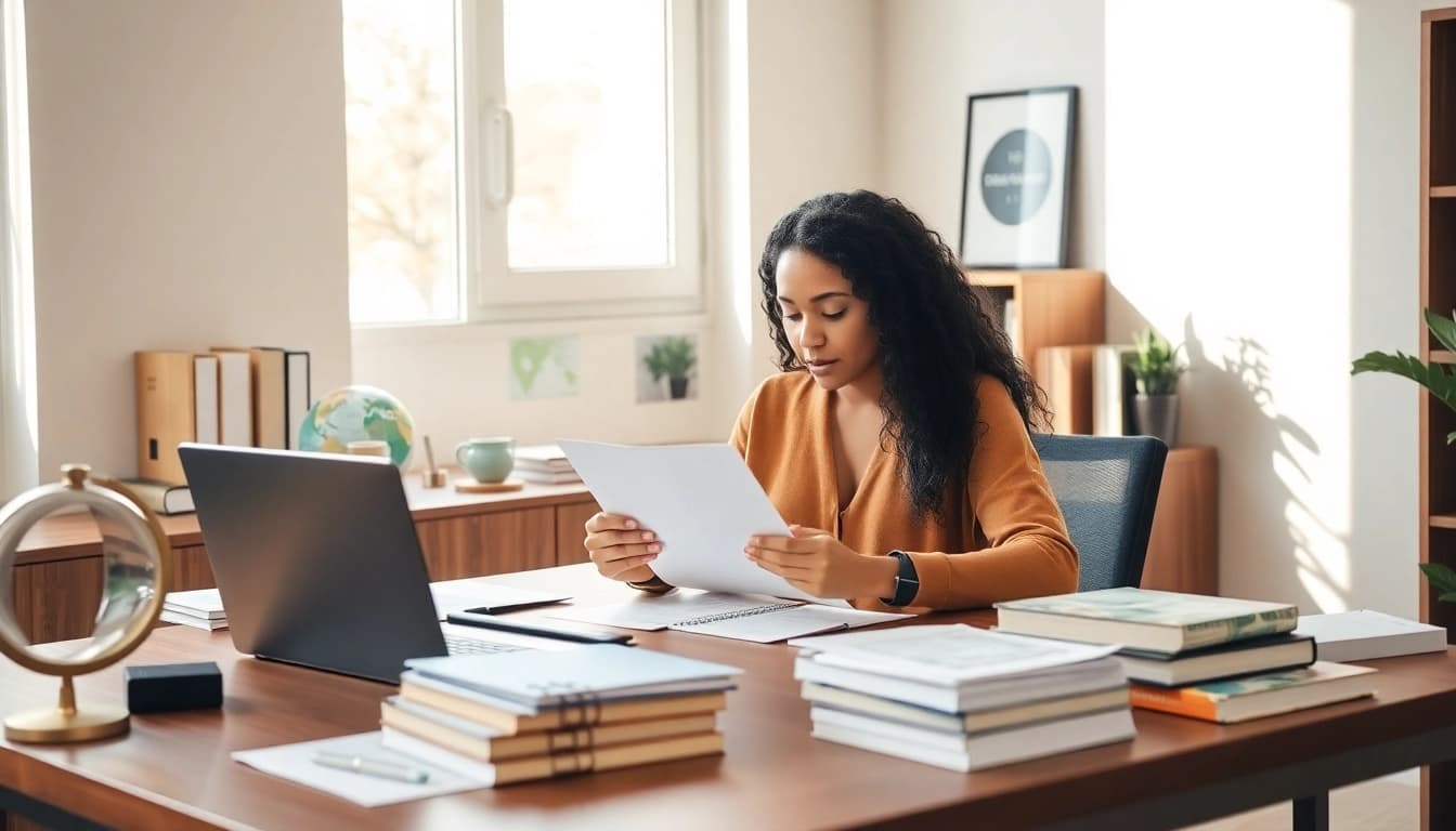 Certified translator working in a modern office with multilingual documents.
