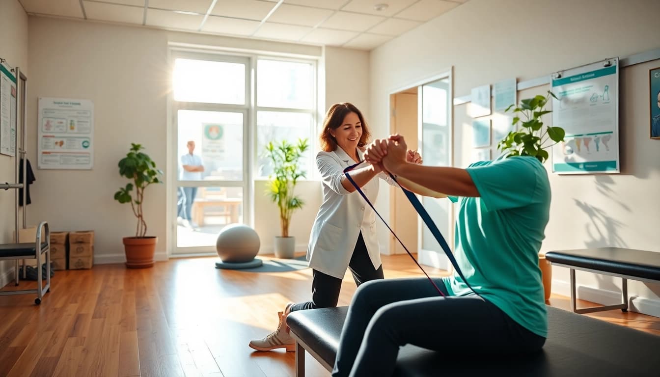 Physiotherapy Edmonton scene showing a therapist guiding a patient in a modern clinic.