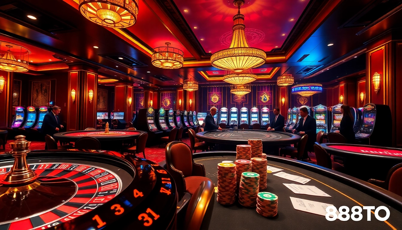 Experience the thrill of 888TO with vibrant casino visuals featuring roulette and poker.