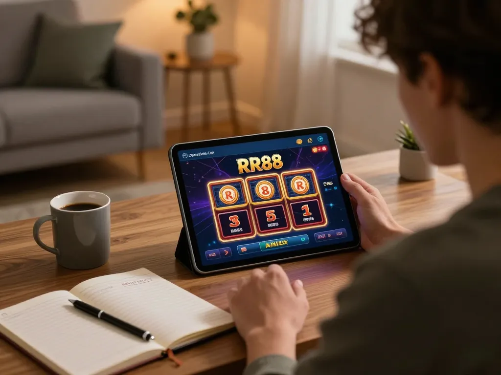 Player engaged with RR88 app on tablet, demonstrating online gambling excitement and strategy.