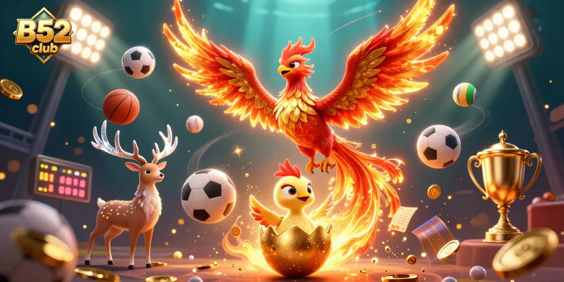 B52 club showcases a vibrant 3D scene with a soaring phoenix and baby chick amidst dynamic sports elements.