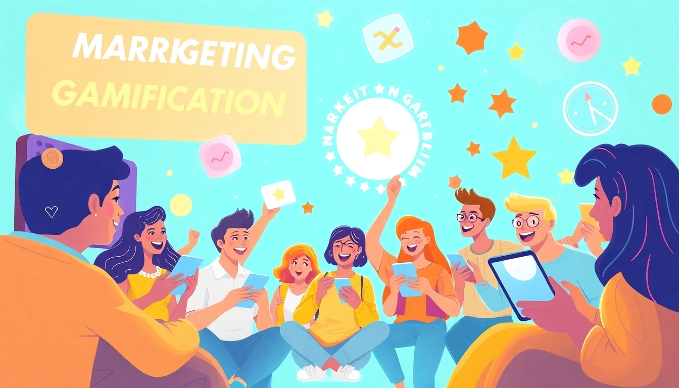 Showcasing marketing gamification through engaging characters interacting with rewards, challenges, and digital platforms.