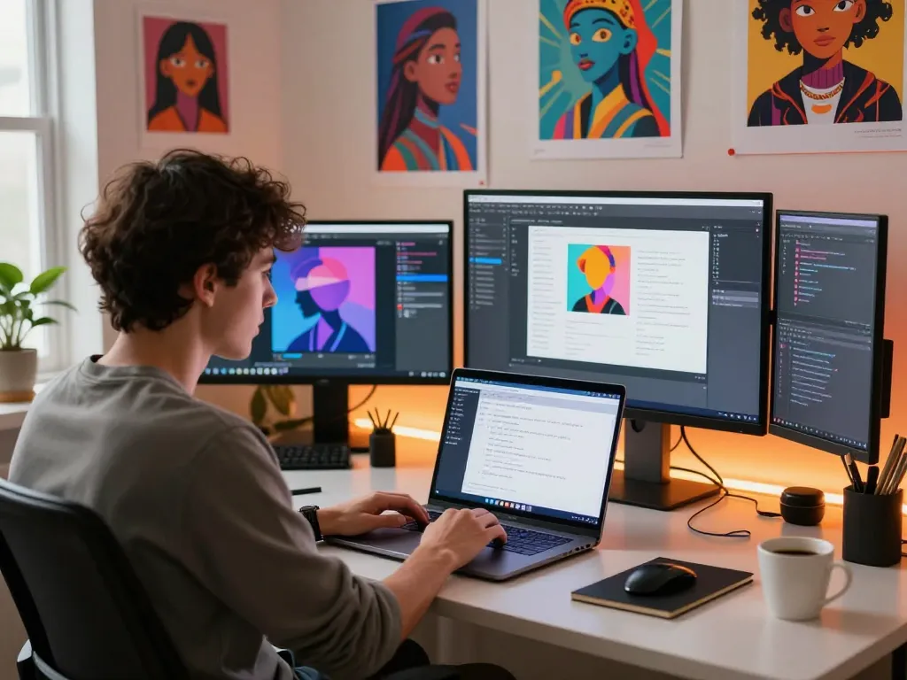 Engaged user utilizing an image to prompt tool, bright tech workspace showcasing vibrant prints and creative prompts.