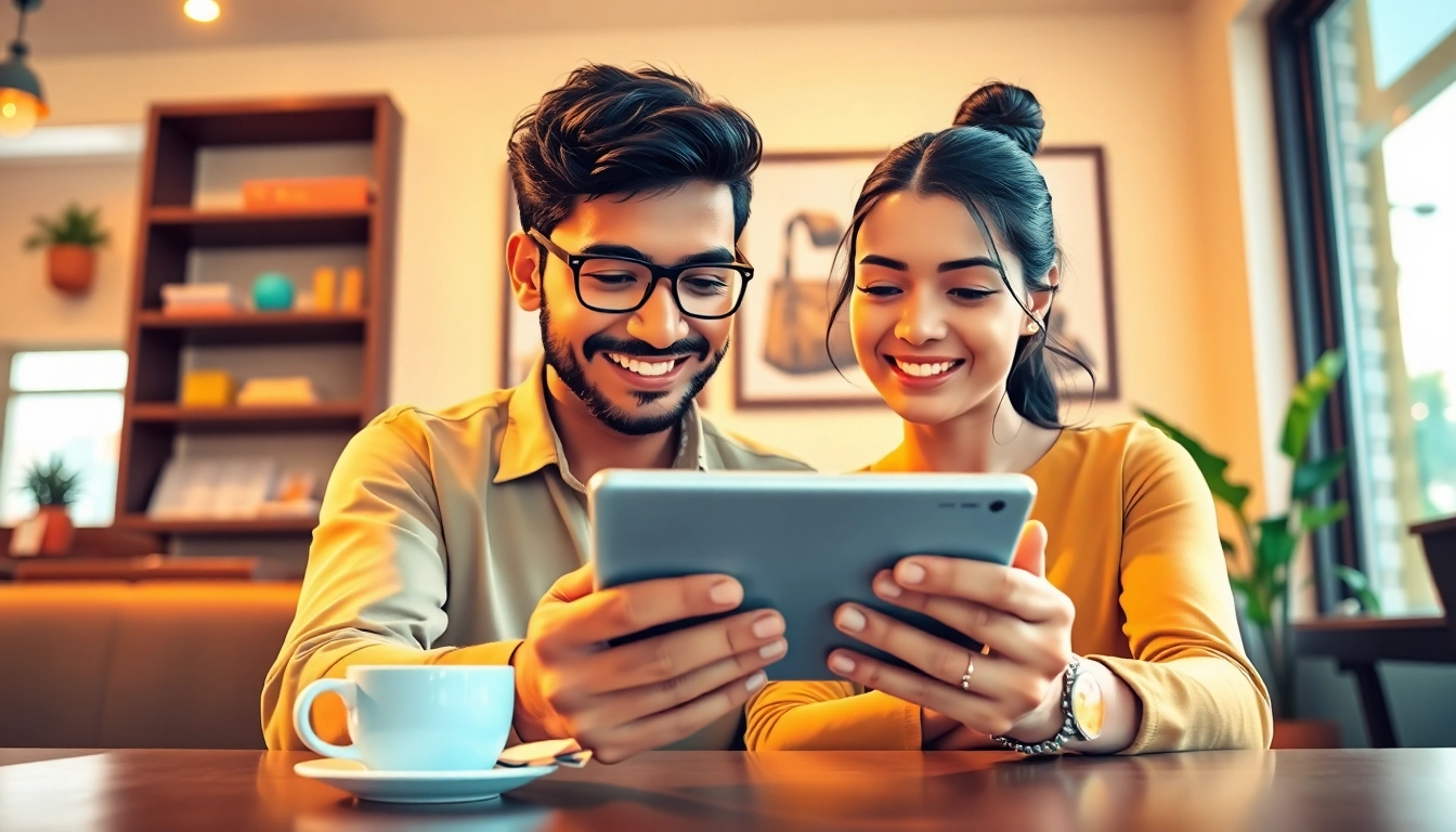 Engaging couple using Hela Add to browse classified ads at a café.