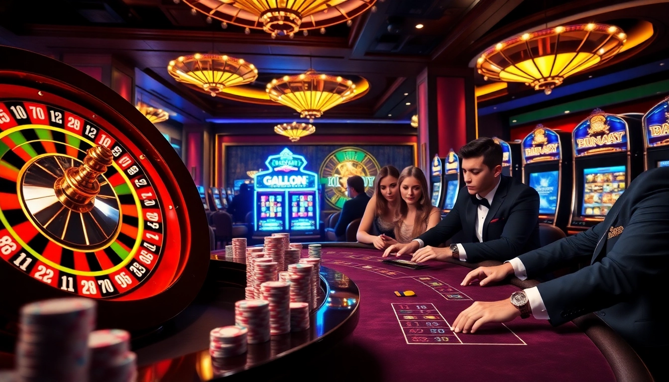 Excitement of gambling at new88bet with colorful roulette, poker chips, and slot machines.