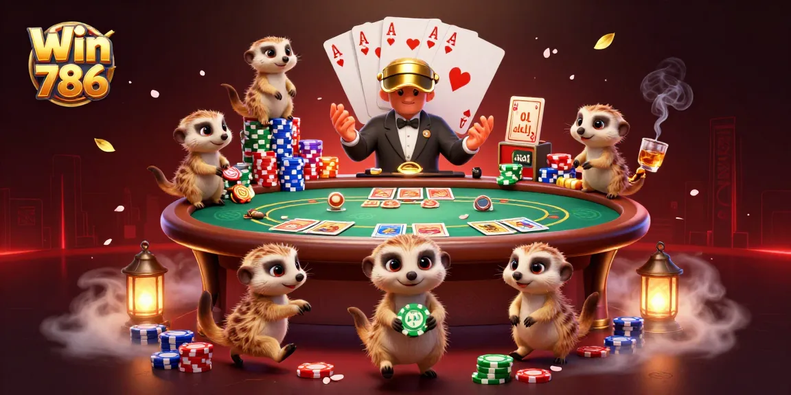 Experience thrilling gameplay at Win 786 with meerkat characters in a vibrant casino scene.