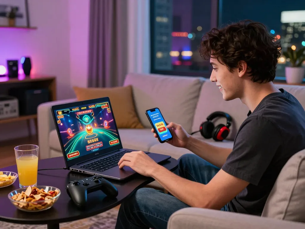 Young adult enjoying 99ok live casino games in a vibrant home setting.