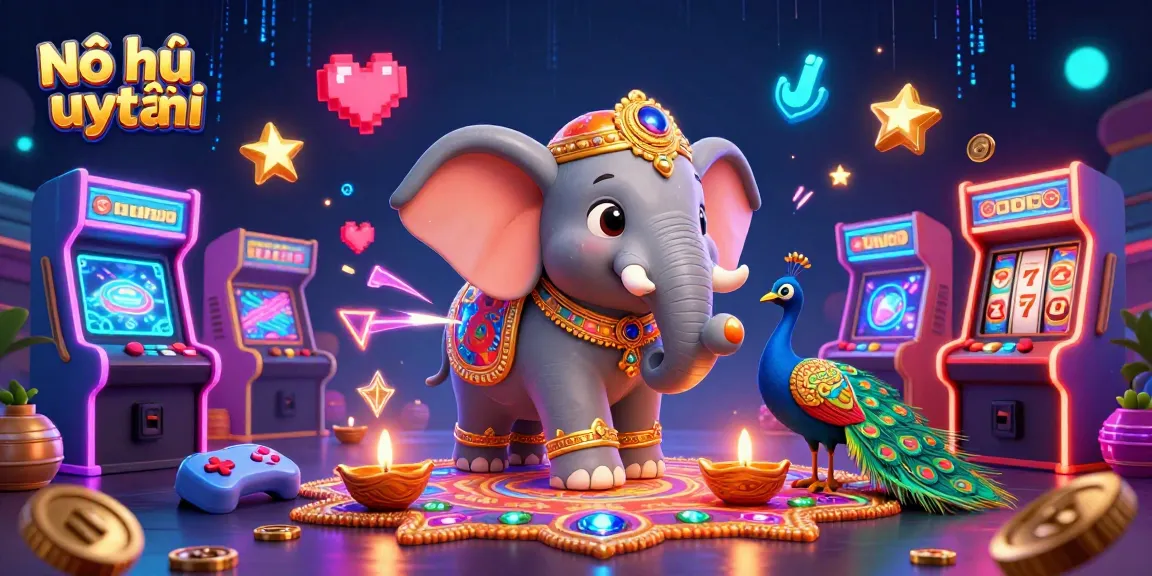 Nổ hũ uy tín showcases vibrant 3D casino elements, a cartoon elephant, and a peacock amidst dynamic gaming designs.