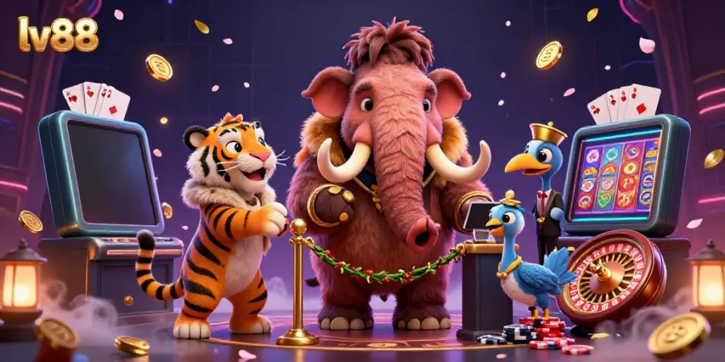 Experience the excitement at lv88 online casino with a mammoth bouncer, tiger VIP guest, and immersive games.