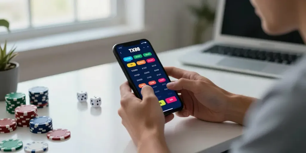 Excited player using TX88 mobile app for online betting in a vibrant gaming setting.