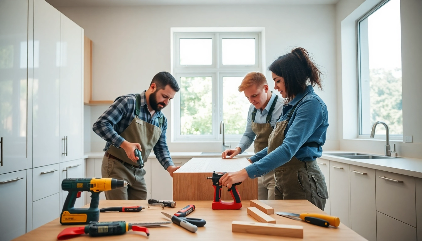 Professional kitchen fitters collaborating in a modern workspace, showcasing expertise and craft.