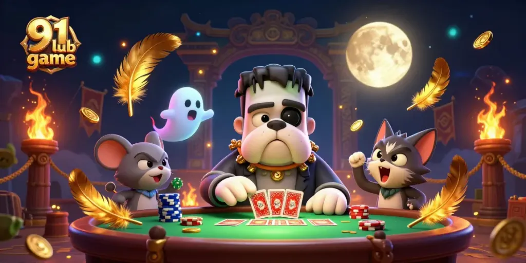 Engage with the 91 club game as a cartoon Frankenstein bulldog deals cards in a vibrant casino scene.