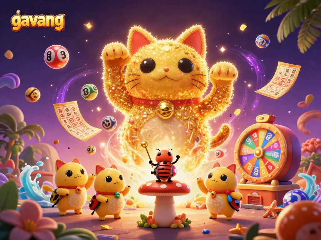 Experience the excitement of gavang casino with vibrant symbols and dynamic action in a colorful illustration.