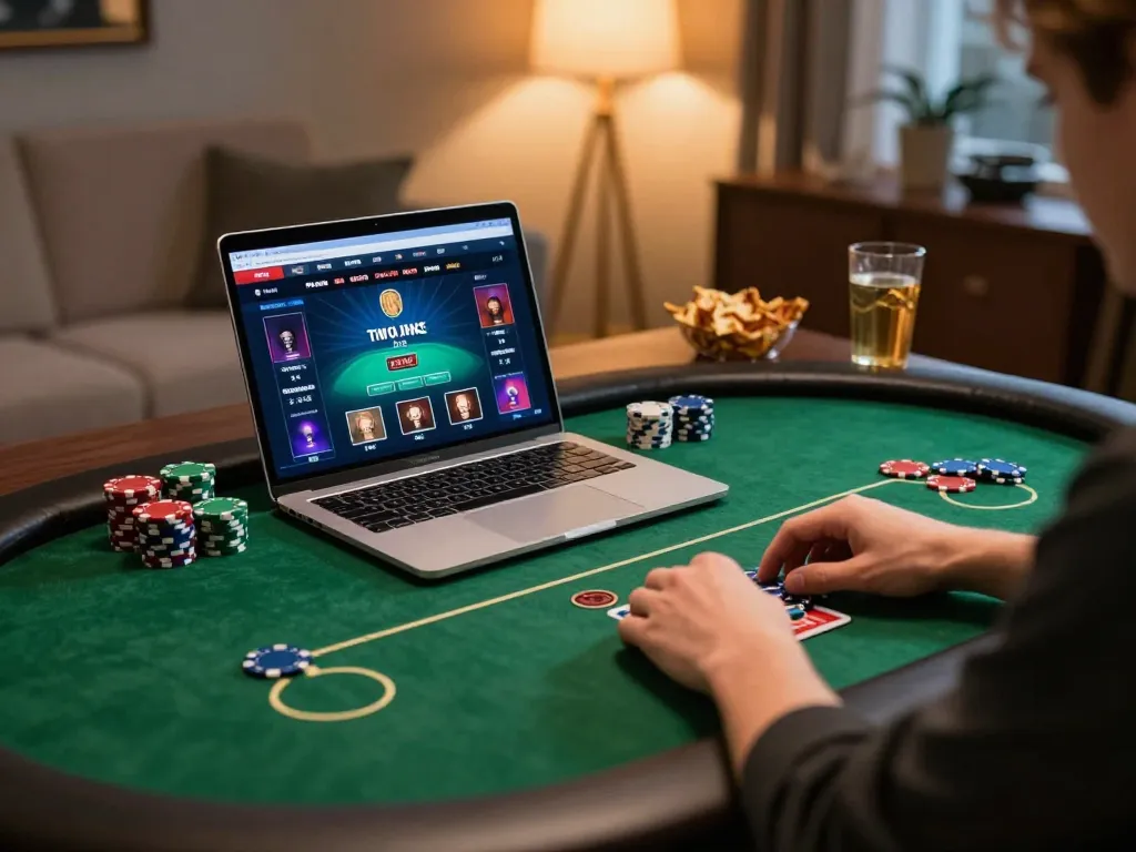 Engaging with online poker at 8kbet through a laptop in a cozy home setting, showcasing strategic gameplay and user experience.