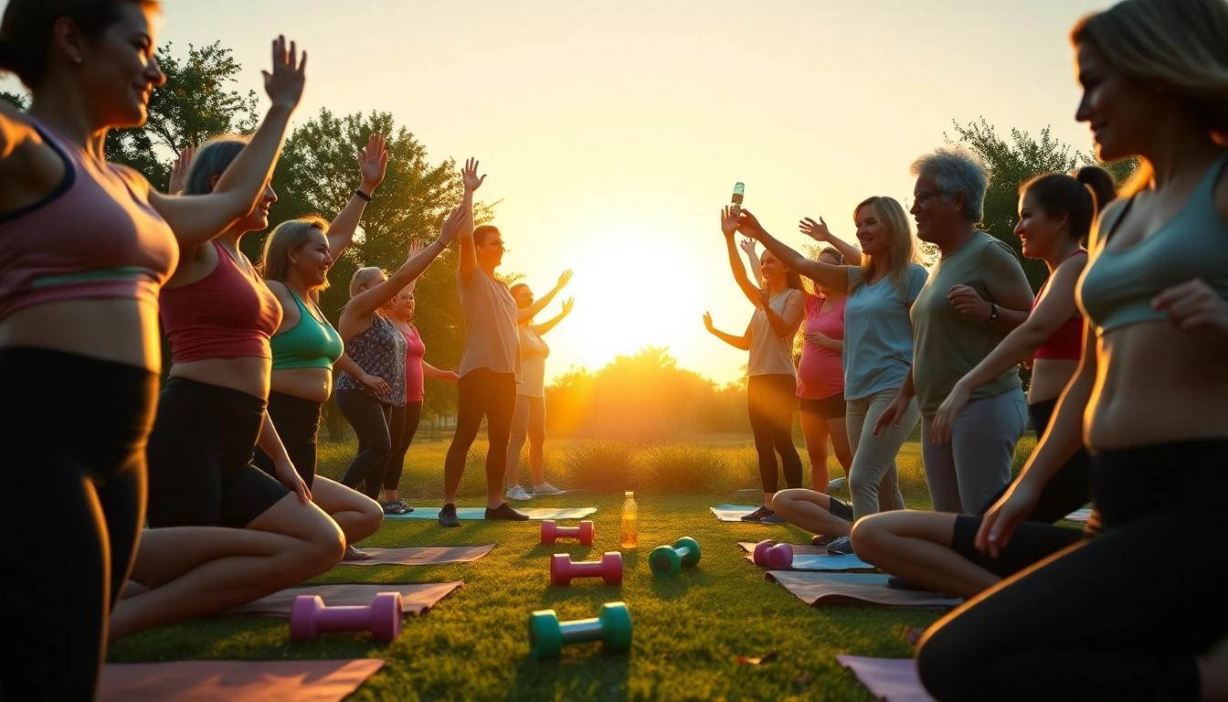 People embarking on a weight loss journey together, exercising outdoors at sunrise.