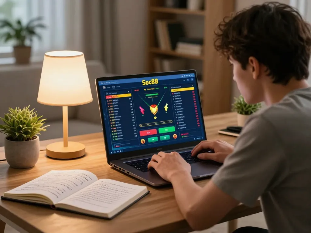Engaged player using Soc88 online betting interface on laptop for a strategic gaming session.