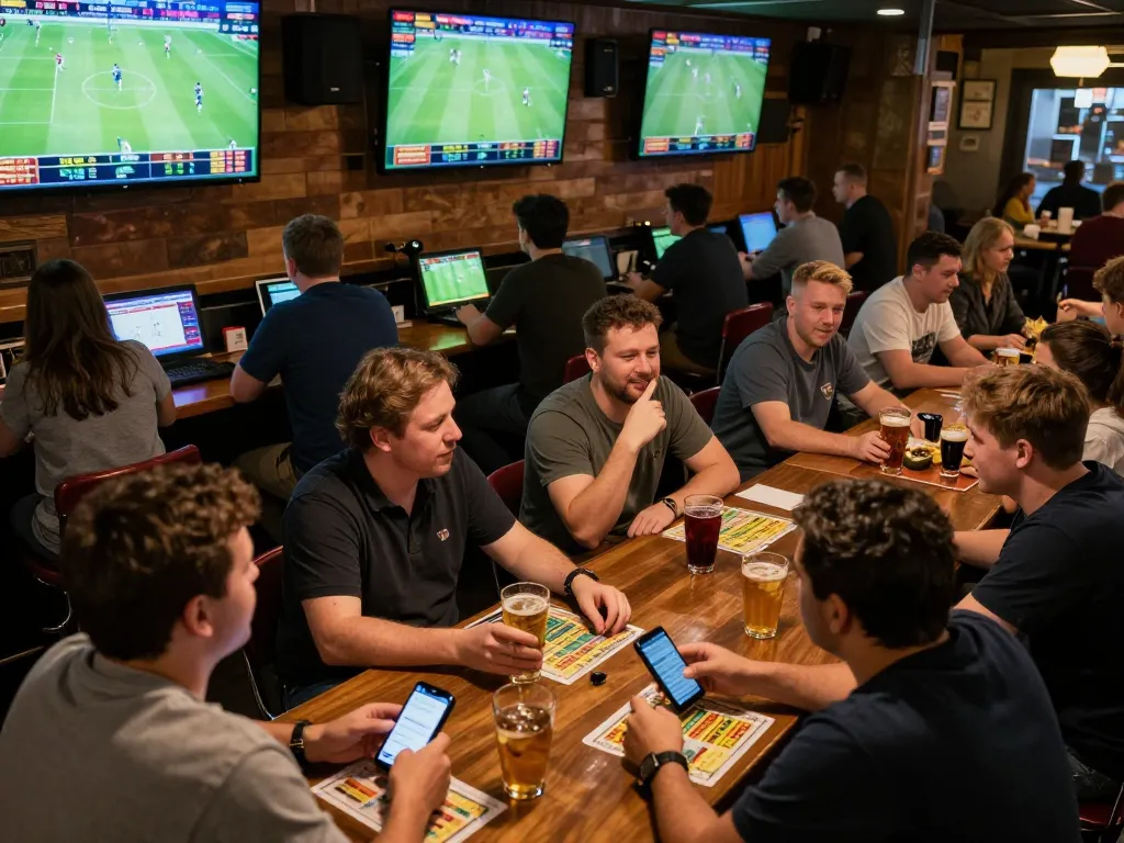 Bongdalu users engaged in real-time sports betting at a lively bar, showcasing excitement and winnings.