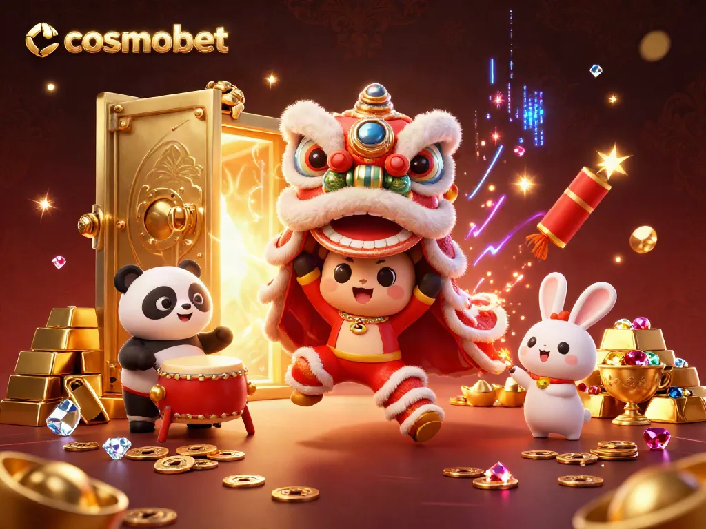 Experience high-stakes fun at cosmobet with a vibrant 3D illustration of characters celebrating with rewards.