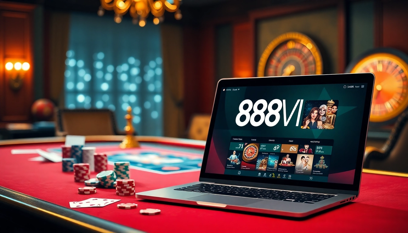 Experience the thrill of winning at 888VI online casino with vibrant poker chips and roulette.