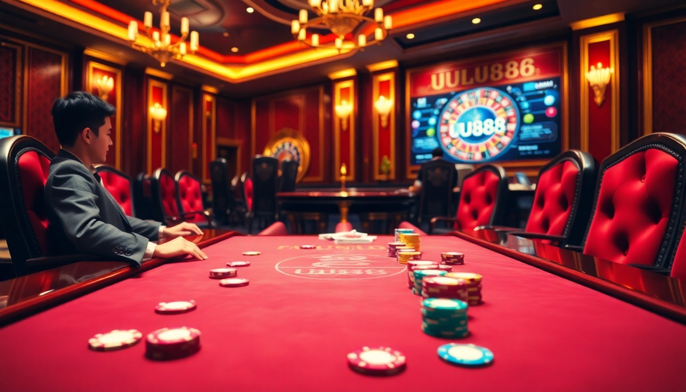 Engaged players enjoying UU88 casino games at a luxurious poker table with vibrant chips.