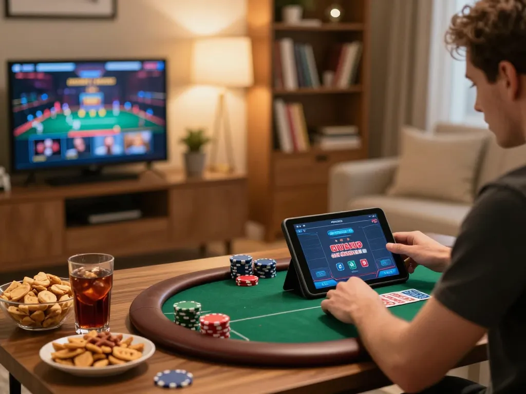 N188 home player enjoying an online poker game on their tablet in a cozy and inviting setup.