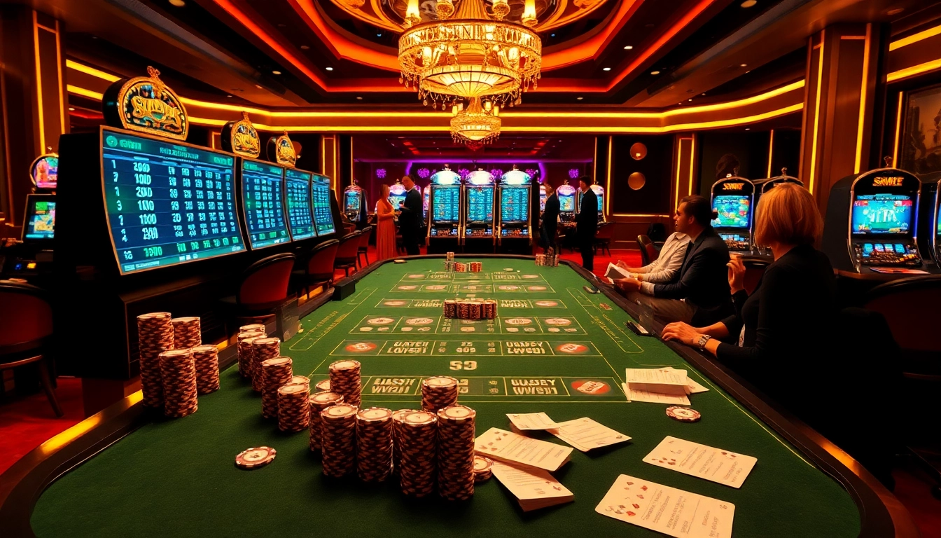 Excited gamblers placing bets using S8 digital screens in a luxurious casino.