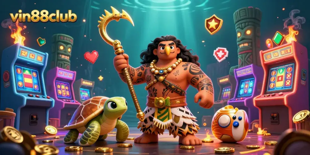 Experience the excitement of vin88club with vibrant casino-themed 3D illustration showcasing unique characters and arcade elements.