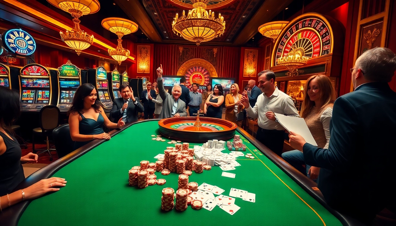Gambling excitement at https://bj388.boats/ with casino tables, cards, and players celebrating wins.