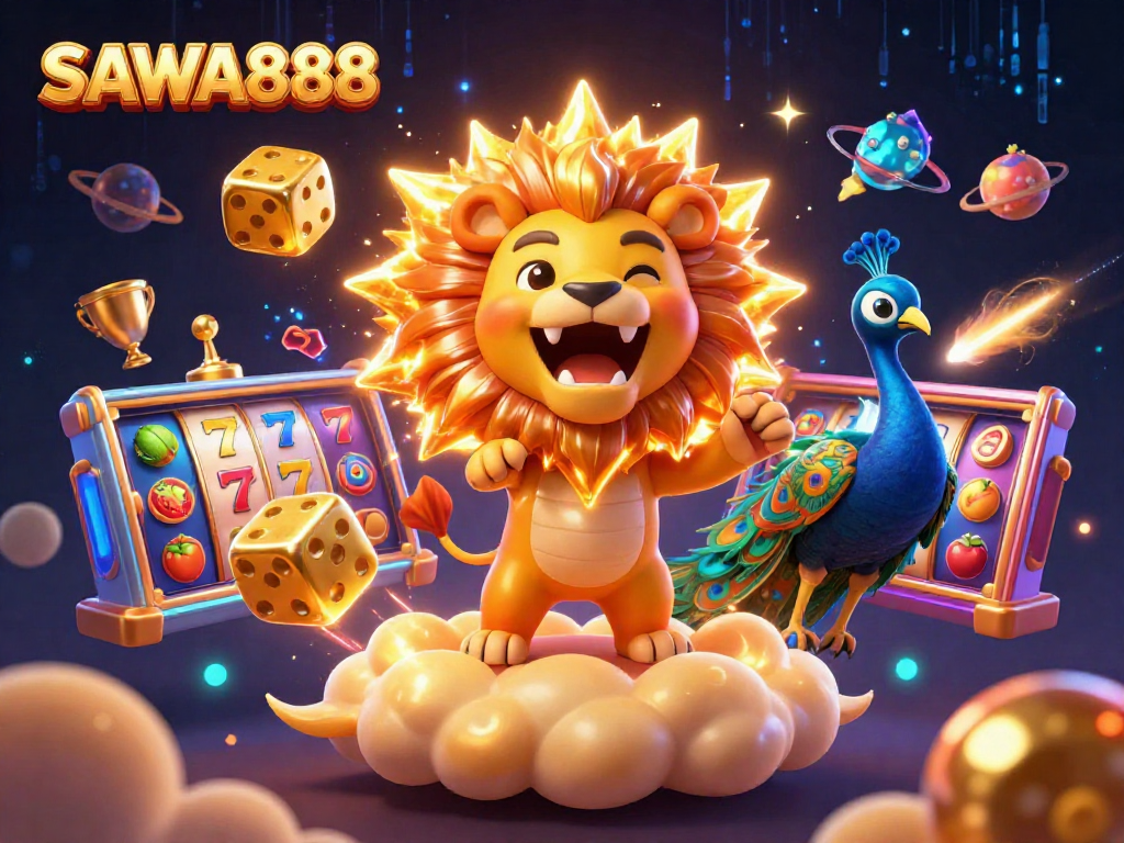 Experience jackpot thrills with SAWA888’s vibrant casino scene featuring golden dice and slot symbols.