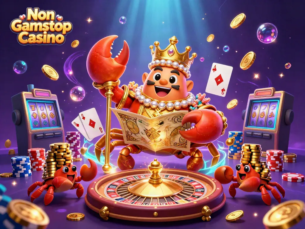 Experience the thrill at a Non Gamstop Casino featuring a golden crab emperor surrounded by treasure and gaming elements.