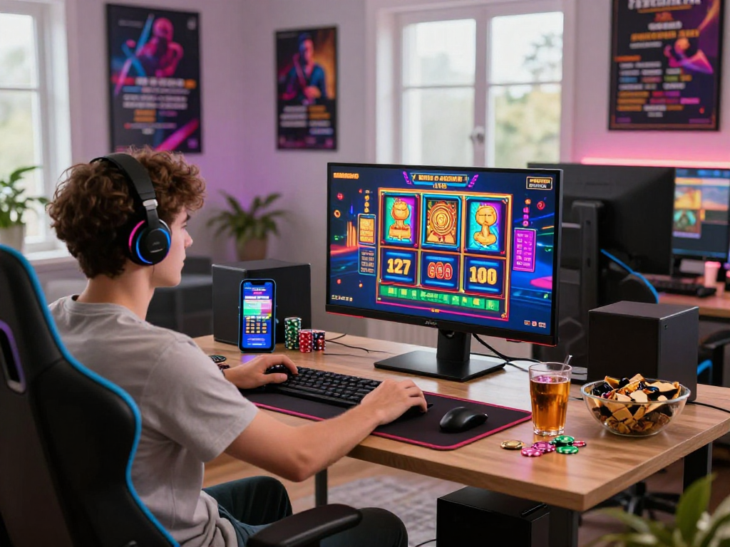 Engaged player enjoying online gaming experience at home casino, exploring casinos not registered on GamStop with modern tech setup.