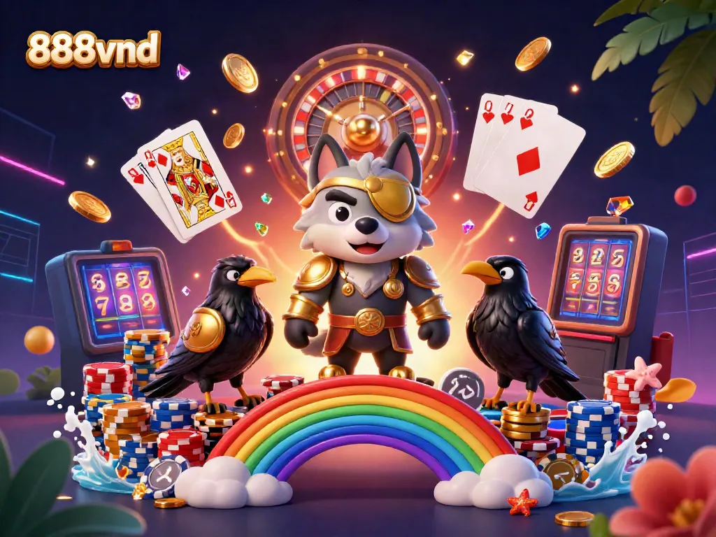 Engage with immersive 888vnd gaming visuals featuring Odin and his ravens on a vibrant casino bridge.