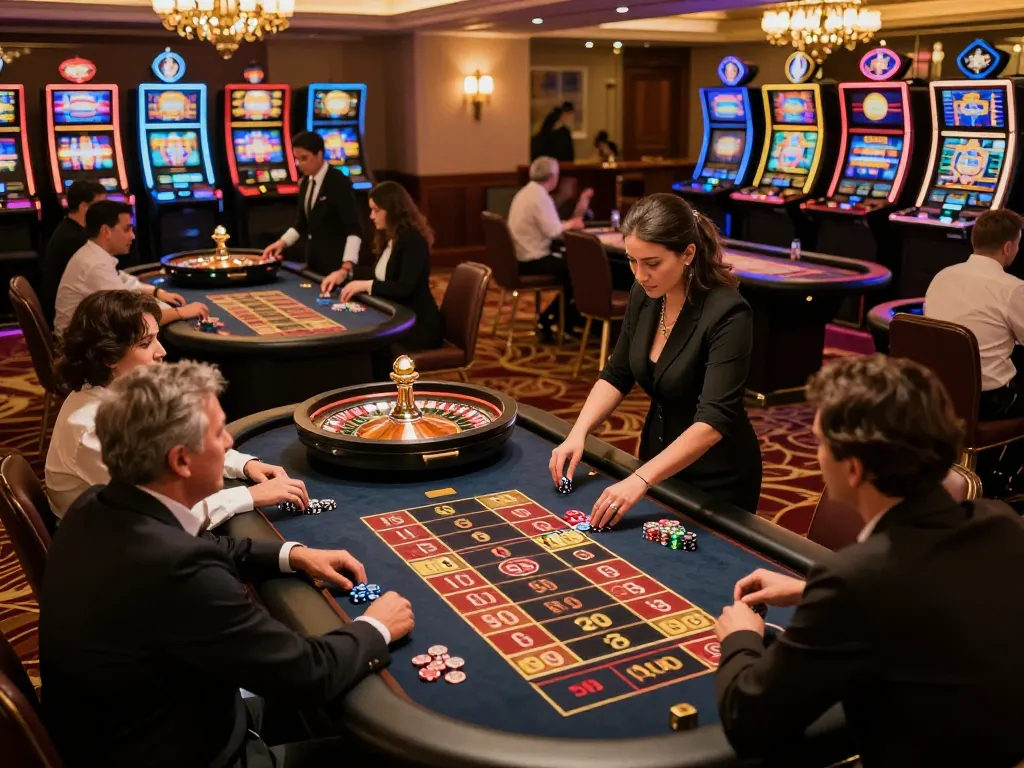 Players strategically betting at bustling casino tables during a lively event with mb668.