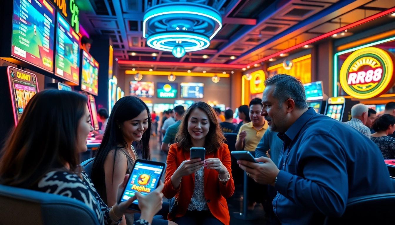 Exciting online casino scene featuring players engaged in games at RR88, showcasing vibrant digital elements.