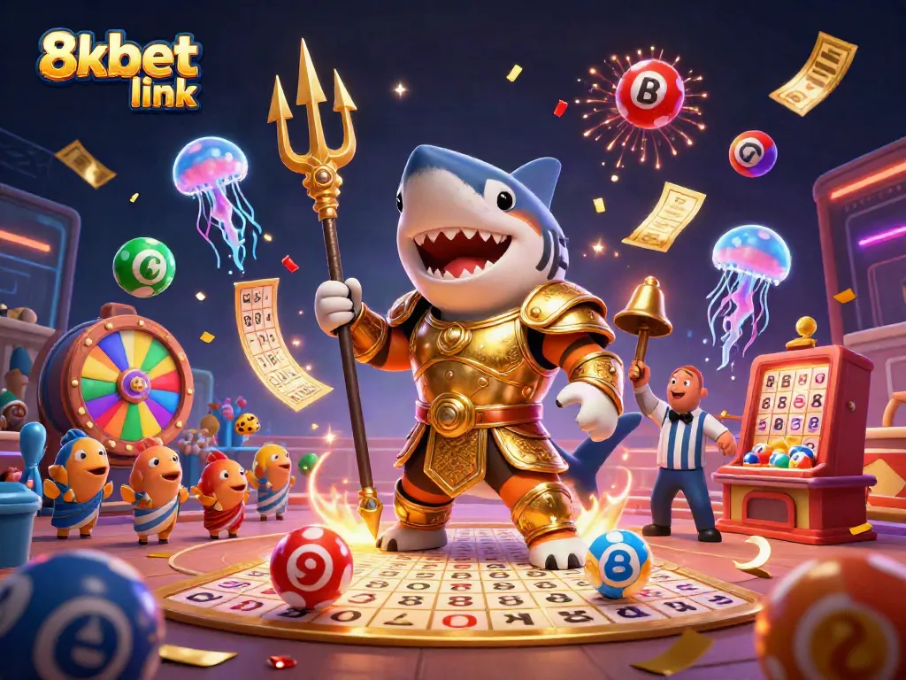 Engage with exciting games at 8xbet link with a colorful underwater casino scene featuring a shark in gladiator armor and lively animals.