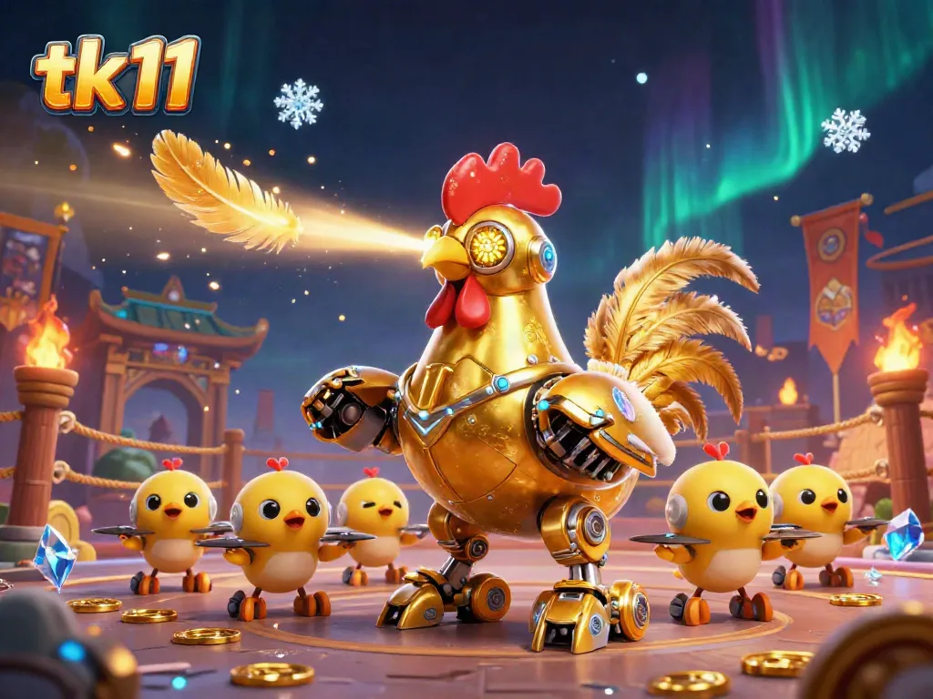 Engage in thrilling gameplay with tk 11, featuring a golden rooster robot and vibrant elements.