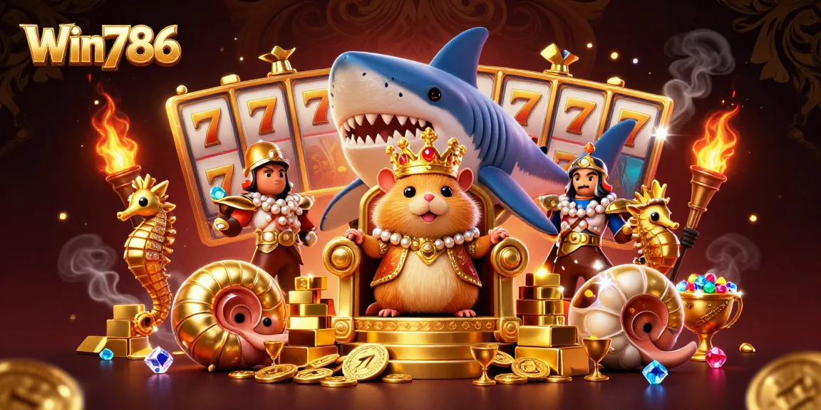 Win786 casino scene with a hamster king on a throne of gold surrounded by riches and slot elements.