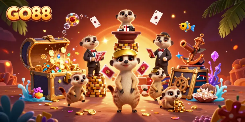 Experience the gaming excitement of GO88 with meerkats at a vibrant underwater casino.