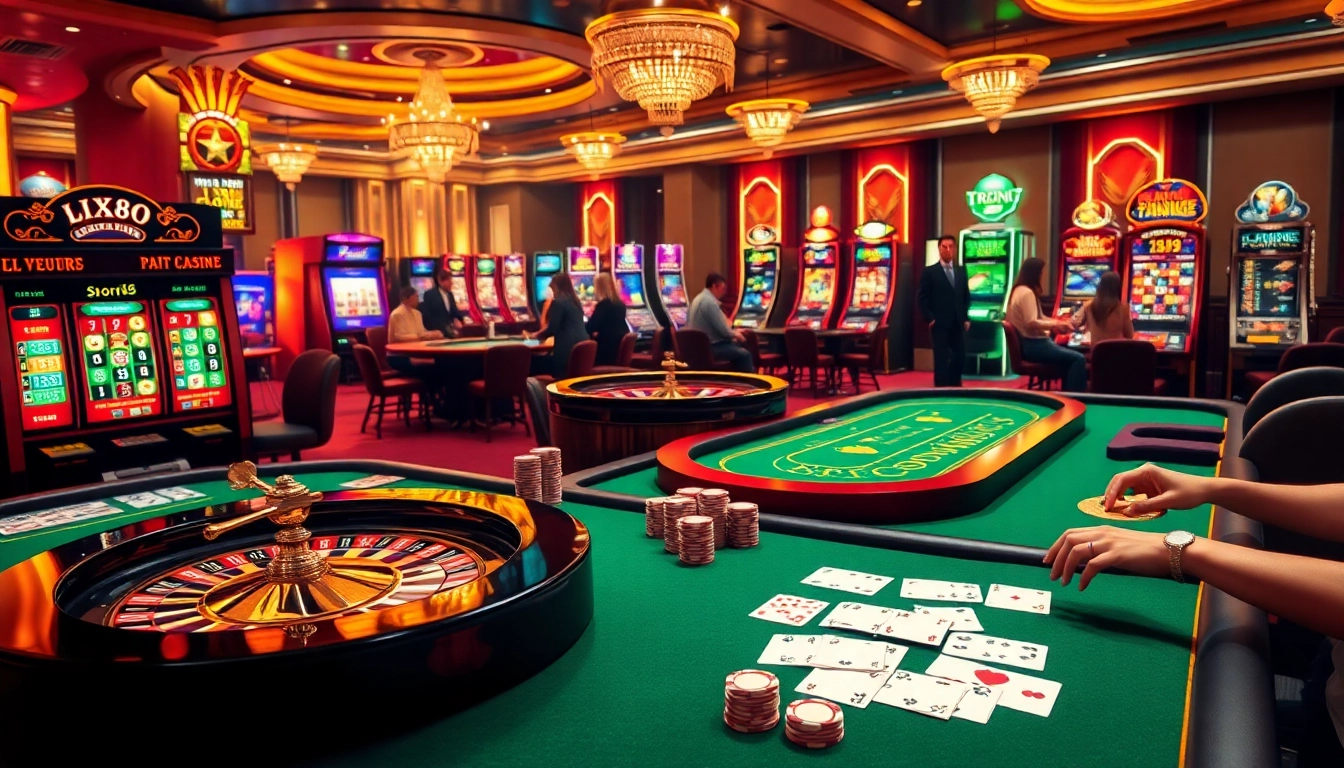 LIXI88 casino scene showcasing vibrant gameplay with poker chips and a roulette wheel.