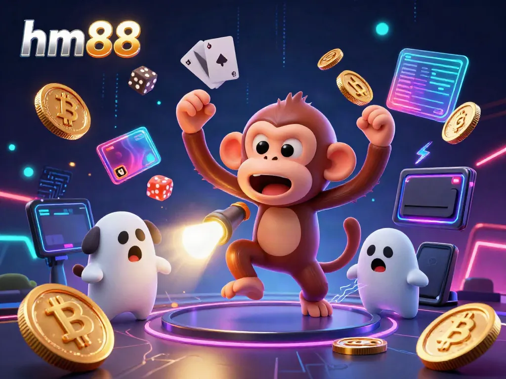 Experience thrilling gaming action at hm88 with a mischievous poltergeist monkey juggling coins and a curious puppy tracking it in a haunted casino.