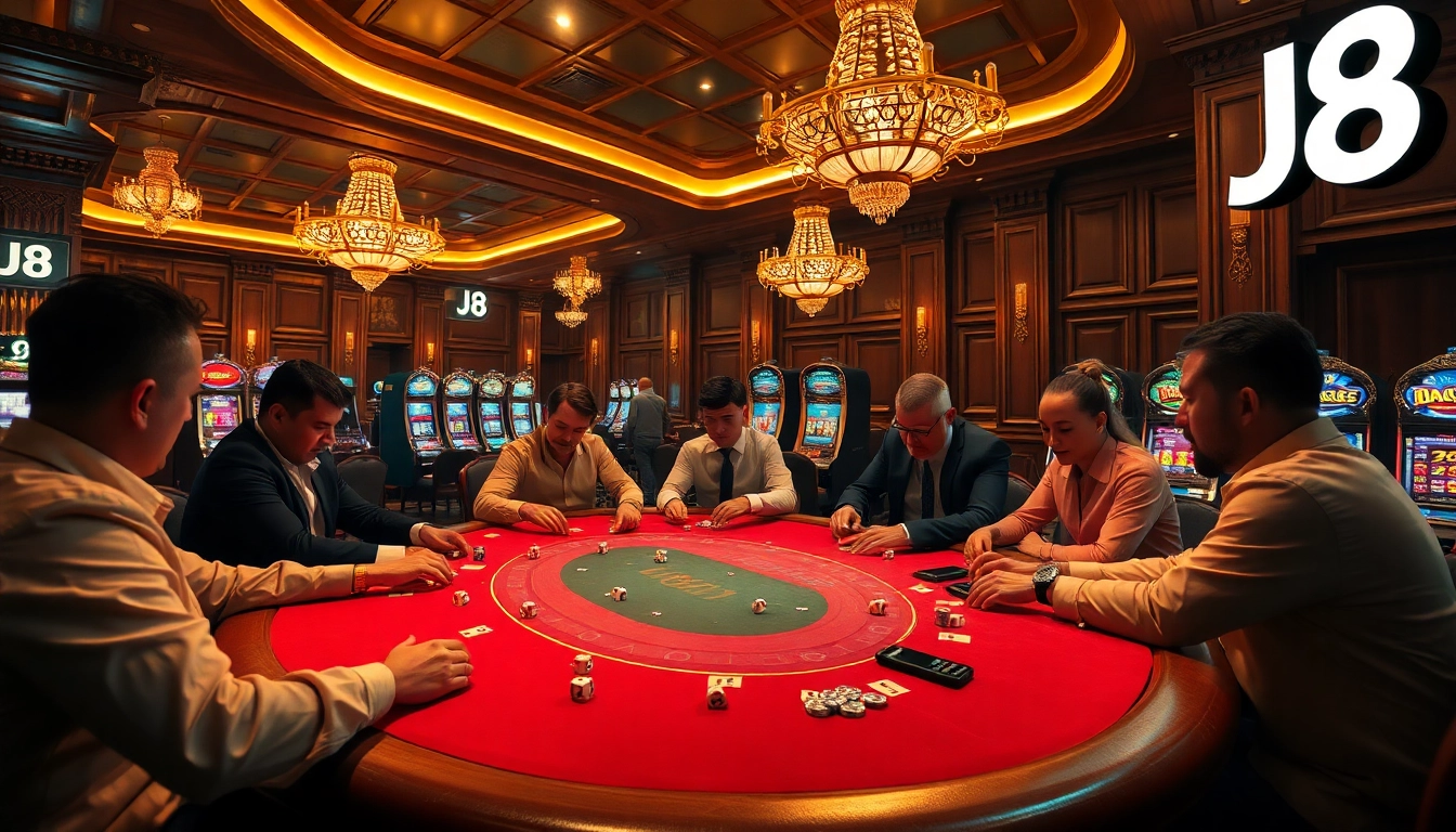 Experience thrilling casino action with J8 players at a vibrant poker table.