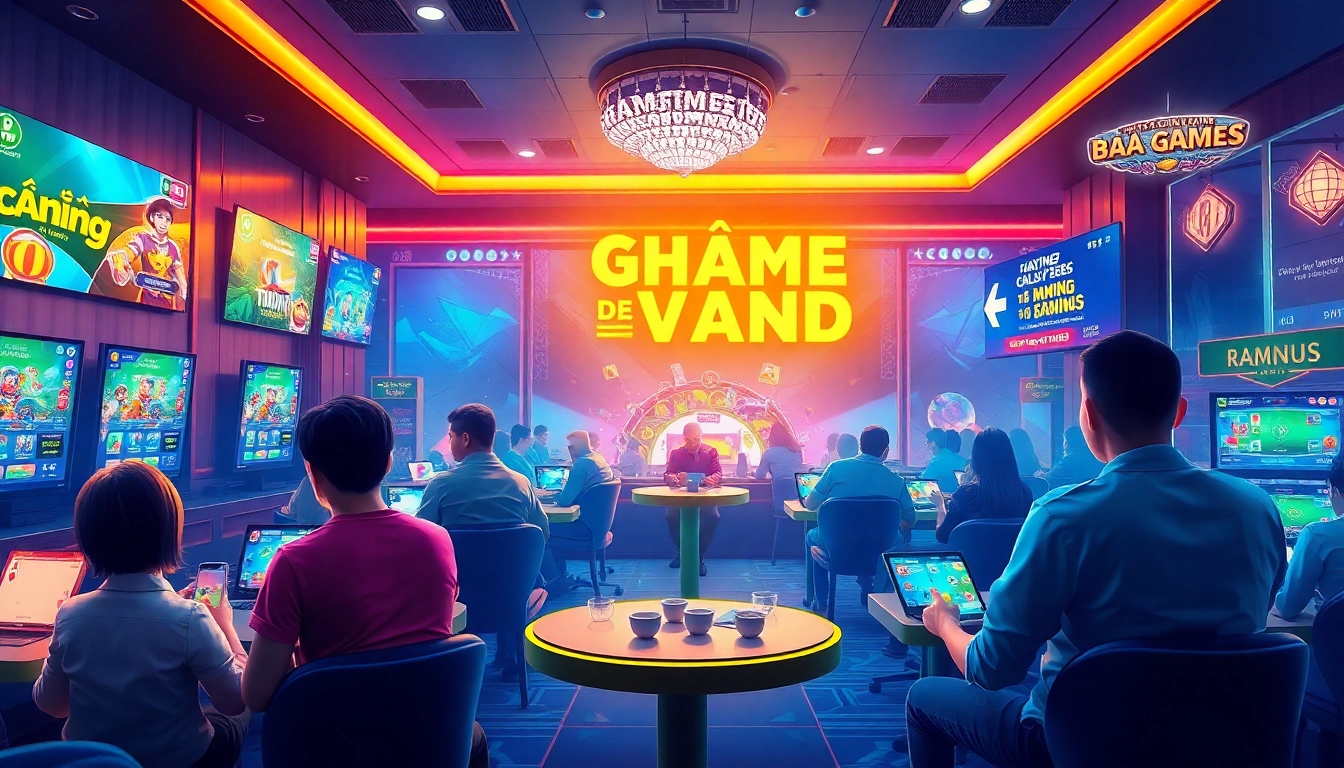 Engaging gaming lounge scene with players enjoying Game Bài Đổi Thưởng at gamebaidoithuong.com.vc, featuring colorful interfaces and dynamic visuals.