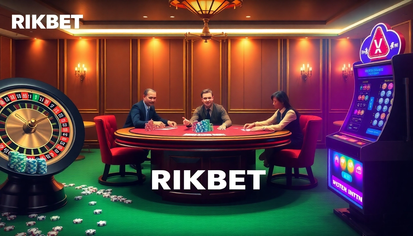 RIKBET casino scene featuring poker tables, vibrant roulette wheels, and cheerful players.