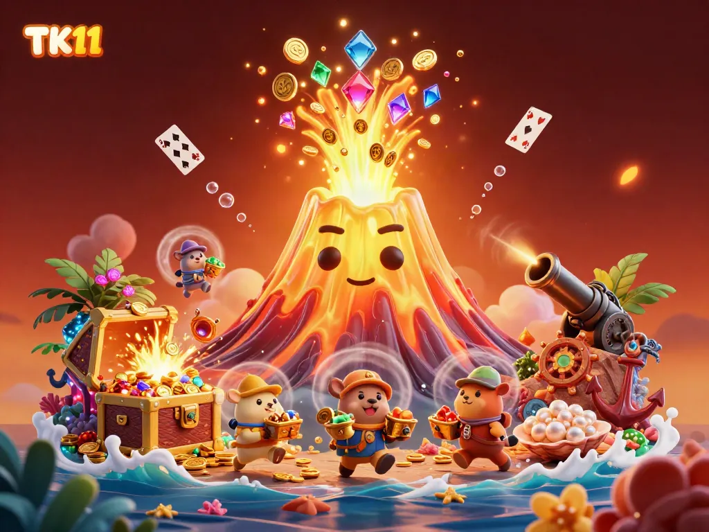Experience the excitement of TK11 with a triumphant golden volcano, treasure, and fun casino elements in a vibrant scene.