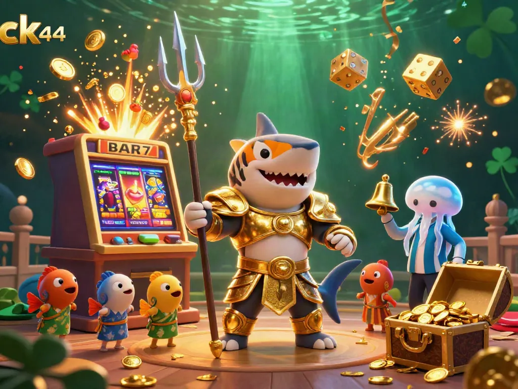 Engage with ck 44's thrilling underwater casino scene featuring a golden shark gladiator and exciting game elements.